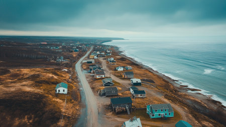 Top view of a deserted North American fishing village by the ocean, leaving space for copyの素材