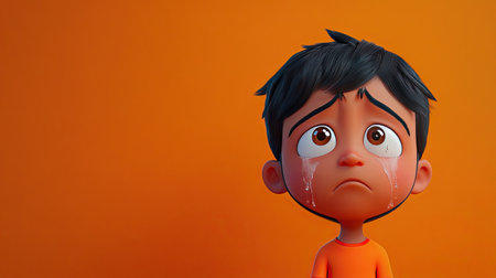 A 3D Indian character expressing sadness with tears falling, ample copy space on the sides.の素材