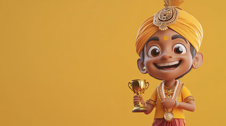 A happy 3D Indian character holding a trophy, with space for text in the background.の素材