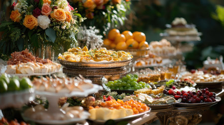 A luxurious buffet table adorned with gourmet food and decor for an evening party, with ample space for textの素材