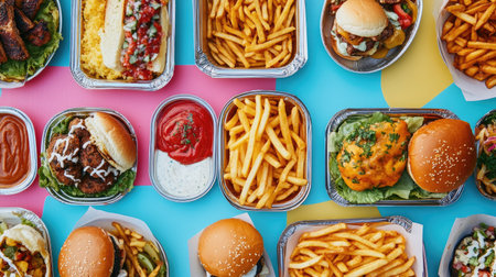 Assorted food truck offerings, including sliders and fries, on a colorful table with room for copyの素材