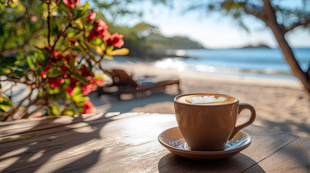 A peaceful coffee scene with the sandy beaches of Margarita Island in the background and ample copy spaceの素材