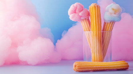 Bright and colorful carnival-style cotton candy and churros on a table with space for branding or textの素材