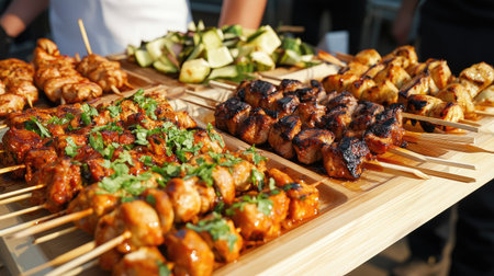 Gourmet festival food platters with an assortment of skewers, all with ample space for copy or brandingの素材