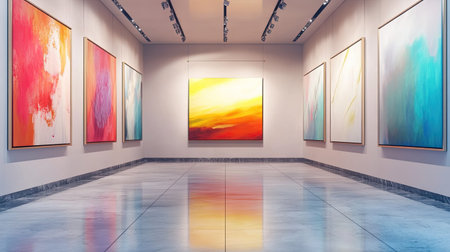 Modern art gallery with abstract paintings on the walls, offering space for text or brandingの素材