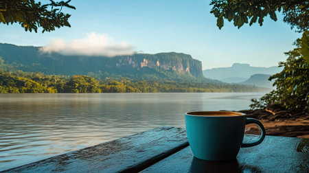 Morning coffee by the shores of National Park, with the Venezuelan landscape providingの素材