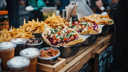 Festival-inspired street food table featuring tacos and nachos, with ample space for textの素材