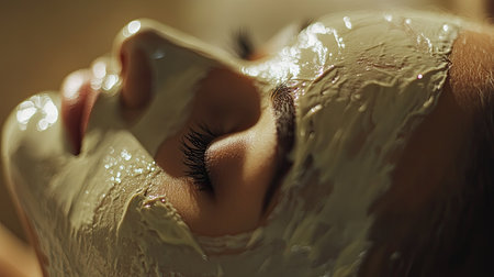Skincare treatment session in a spa, close-up of a facial mask application, providing space for branding or copy.の素材