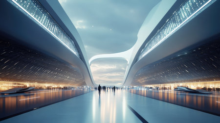 Futuristic modern airport terminal with sleek architecture and ample space for copyの素材