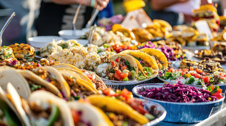Colorful festival table filled with street food, such as tacos and sliders, with room for branding or textの素材