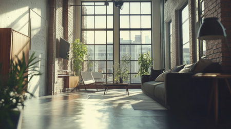 Modern loft-style apartment with large windows and minimalist decor, offering space for copyの素材