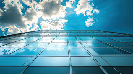 Modern skyscraper facade with glass windows reflecting the sky, providing space for copy or branding.の素材