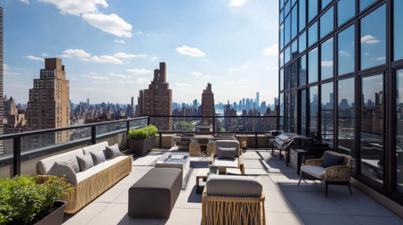 Modern rooftop terrace with city views, sleek furniture, and ample copy spaceの素材