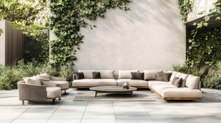 Modern outdoor patio with geometric design and space for branding or textの素材