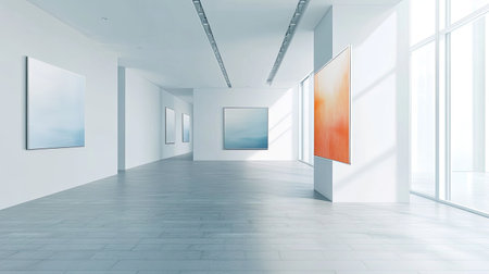 Modern art gallery with abstract paintings on the walls, offering space for text or brandingの素材