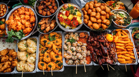Top view of a colorful festival food spread, including BBQ and fried snacks, with room for brandingの素材