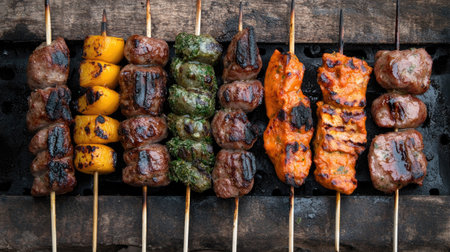 Top view of grilled festival food like kebabs and sausages on a rustic background, with room for branding or textの素材