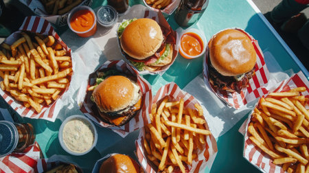 Top view of a vibrant food truck festival table filled with burgers and fries, with room for textの素材