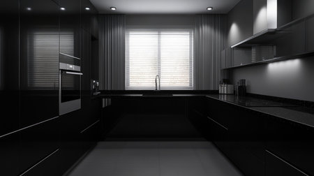 Sleek modern kitchen with black countertops and stainless steel appliances, offering space for textの素材