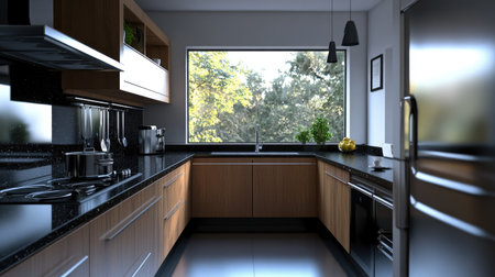 Sleek modern kitchen with black countertops and stainless steel appliances, offering space for textの素材