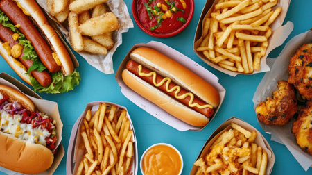 Top view of traditional street festival foods like hot dogs and fries, with ample space for brandingの素材