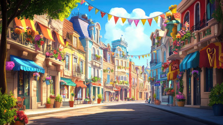 A lively cartoon festival in a European city with colorful decorations and room for celebratory textの素材