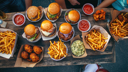 Top view of a vibrant food truck festival table filled with burgers and fries, with room for textの素材