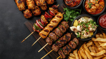 Top view of gourmet street food like kebabs and sliders, displayed with space for textの素材