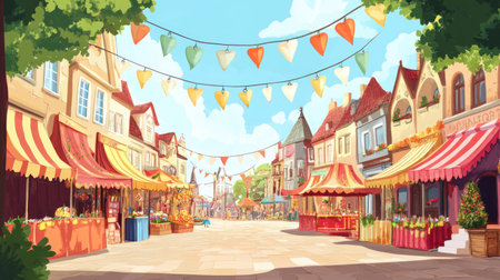 A joyful cartoon of a European street fair with games and decorations, with ample room for textの素材