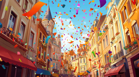 A lively cartoon of European festivities, colorful streamers and confetti with ample copy space for celebratory textの素材