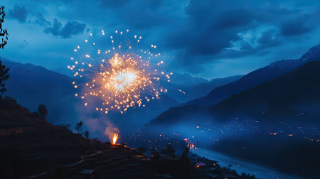 Bright fireworks burst over a South Asian mountain range, perfect for festive themes with room for copyの素材