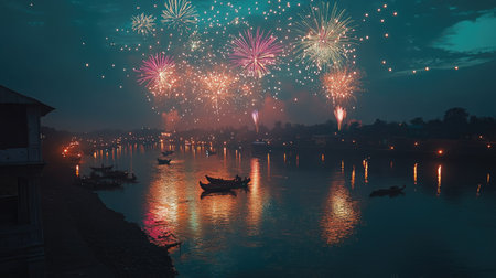 Bright fireworks in the night sky over a South Asian river, no people, with copy space for festive messagesの素材