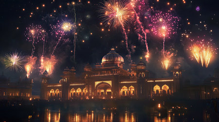 Bright fireworks burst over a South Asian palace, celebrating the night with ample room for copyの素材