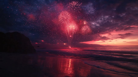 Bright fireworks in the sky above a beach, no people, celebration concept with copy spaceの素材