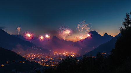 Bright fireworks over a mountain range, lighting up the night with copy spaceの素材