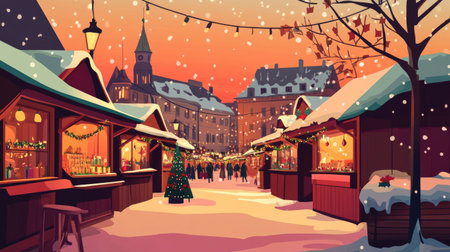 Colorful cartoon illustration of a European holiday market, with ample copy space for textの素材