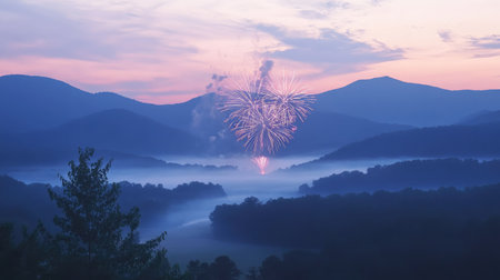 Fireworks burst above a misty mountain range, celebrating the night with ample copy spaceの素材
