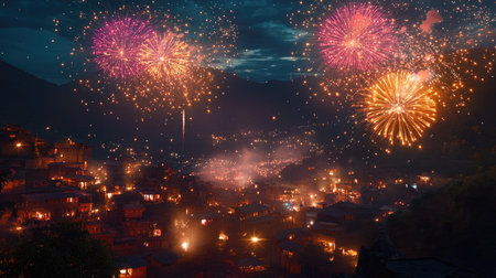 Fireworks burst over a South Asian village, celebrating the night with bright colors and copy spaceの素材