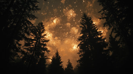 Fireworks burst in the night sky above a serene forest, no people, with space for copyの素材