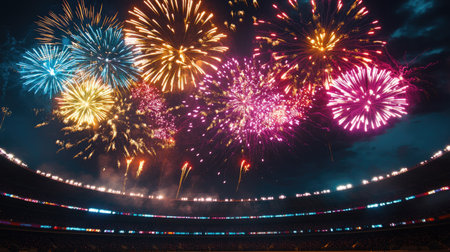 Fireworks above an empty stadium, celebrating with bright colors and copy space for textの素材