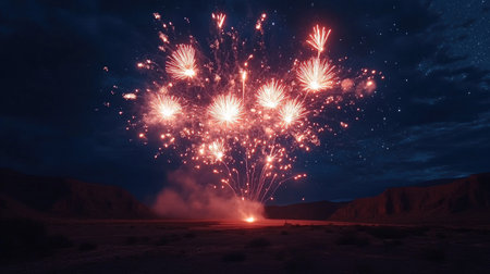 Fireworks burst over a desert horizon, lighting up the night sky, with room for textの素材