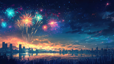 Fireworks display over a quiet city, vibrant colors, and space for text in the skyの素材