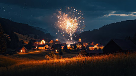 Fireworks explode above a peaceful village, celebrating the night with copy spaceの素材