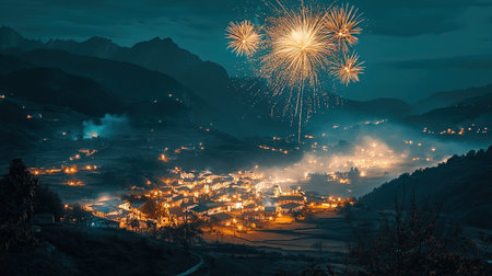 Fireworks bursting in the night sky above a quiet village, celebration concept with space for copyの素材