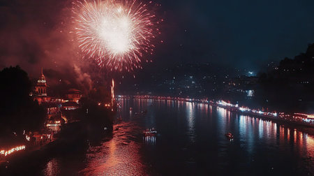 Fireworks explode above a South Asian river, celebrating the night with bright colors and copy spaceの素材