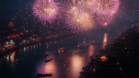 Fireworks explode above a South Asian river, celebrating the night with bright colors and copy spaceの素材