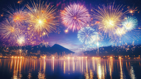 Fireworks in the night sky above a calm river, vibrant colors and ample room for textの素材