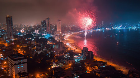 Fireworks light up a South Asian coastal city, celebrating a festival with ample copy spaceの素材