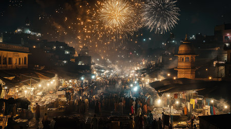 Fireworks in the night sky above a bustling South Asian market, celebrating with space for copyの素材