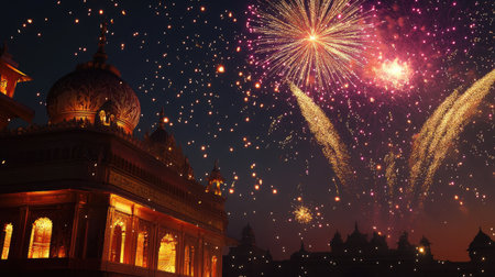 Fireworks in the night sky over a South Asian temple, celebrating with room for festive messagesの素材